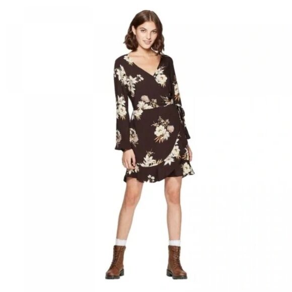 XHILARATION | NWT Floral Print Long Sleeve V-neck Wrap Mini Dress Black | Size L - Picture 1 of 14